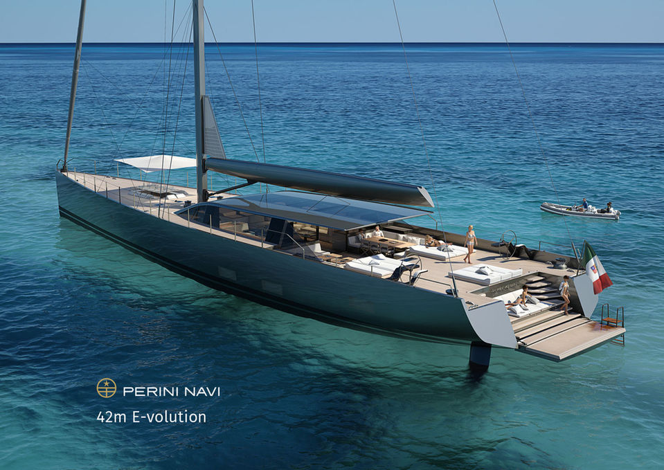 Perini Navi Hybrid Yacht 42m at anchor on beautiful sea