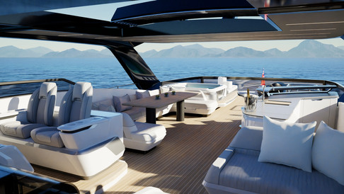 flybridge lounge of the pearl 100 hybrid with e-motion system including jacuzzi and seating